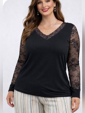 Shein Curve | Elegant Lace Sleeve V-Neck Top | 0XL | NWOT